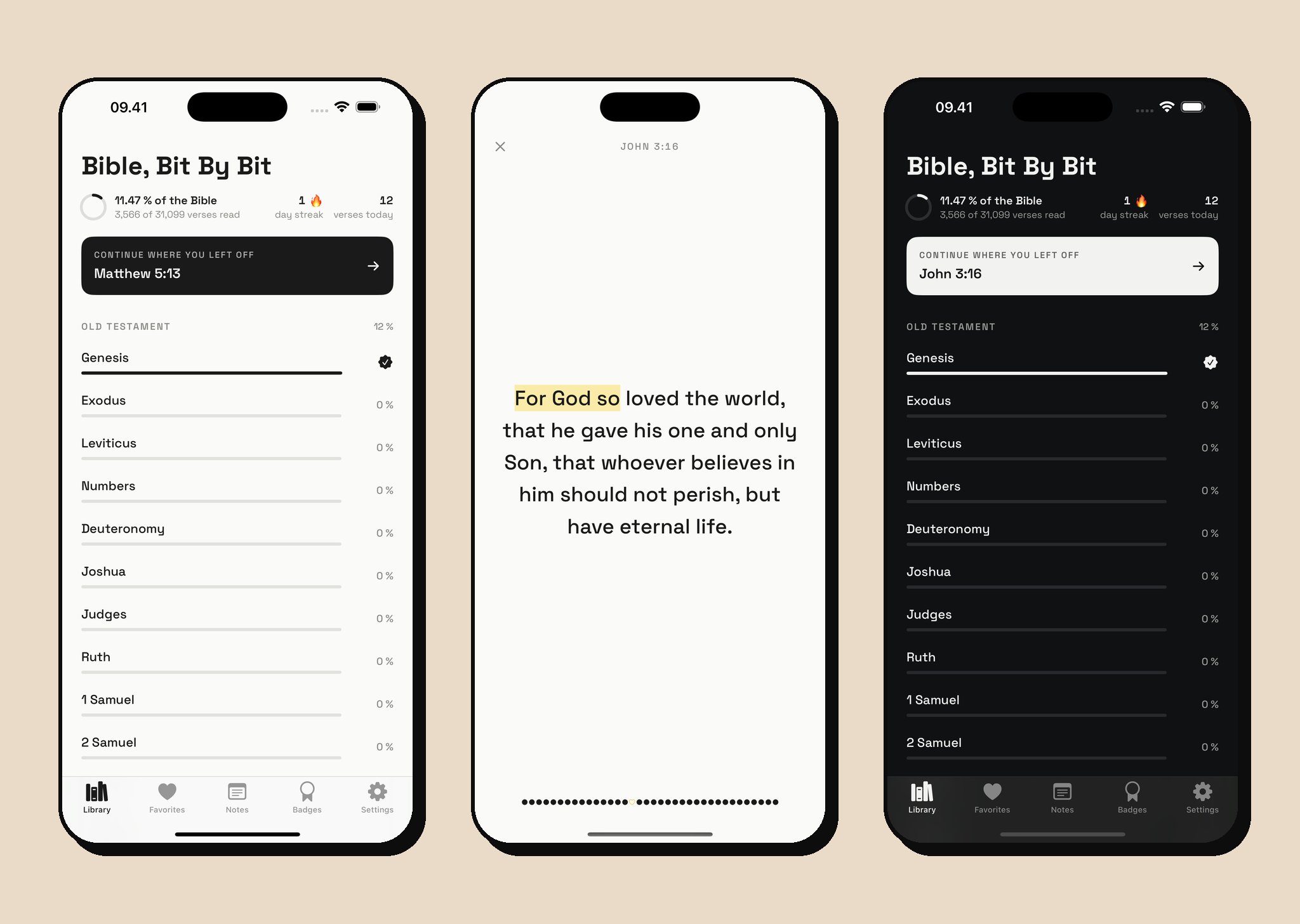 Bible Bit By Bit — home screen, verse reader, and dark mode